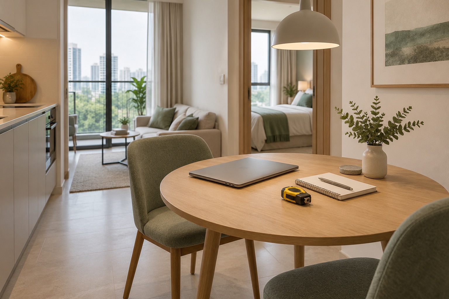 One-bedroom dining nook with a laptop, notebook and measuring tape