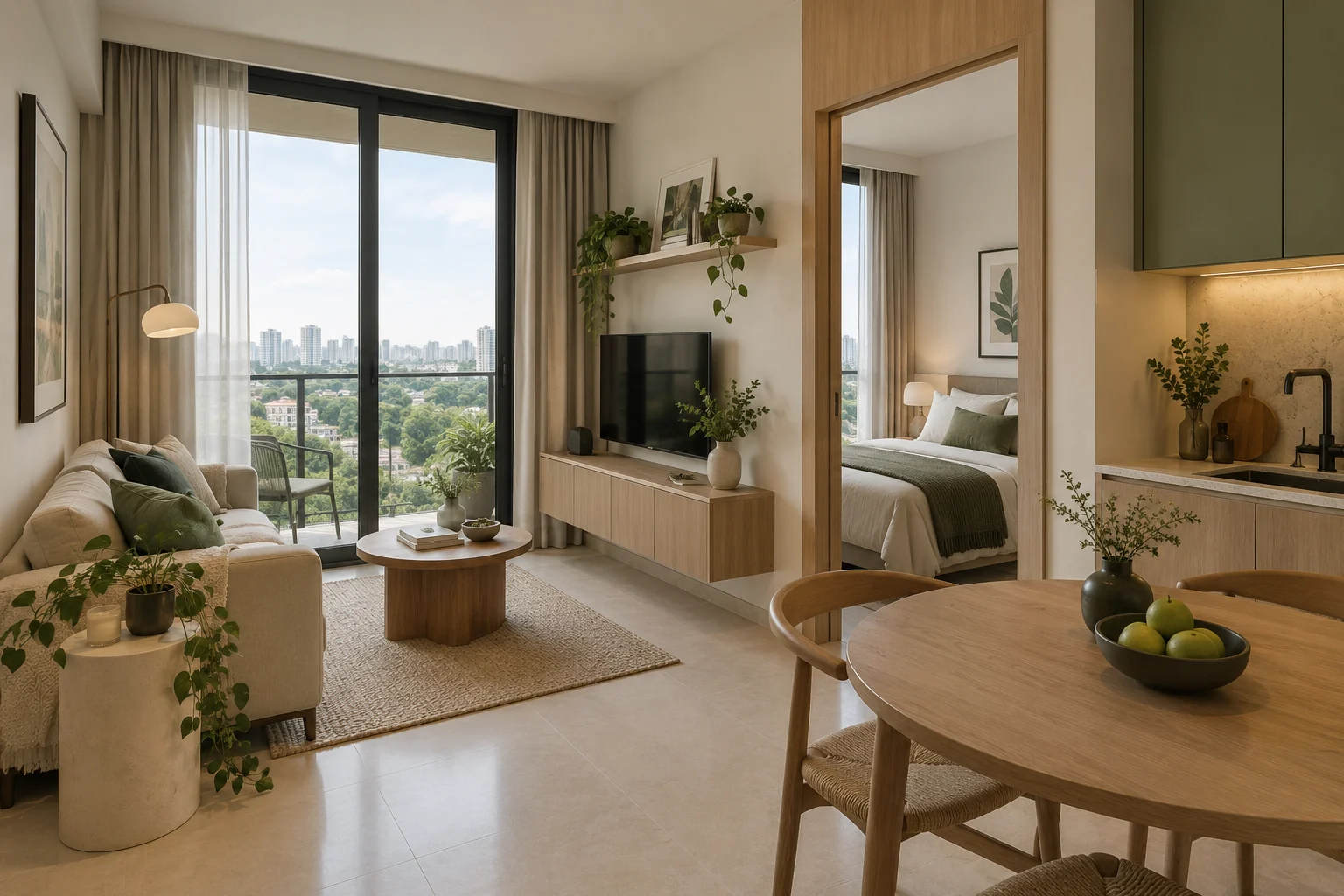 Sunlit one-bedroom condominium interior with living area, separate bedroom and compact kitchen